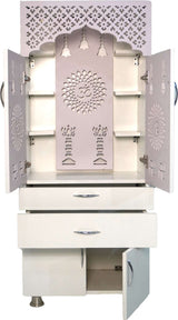 Wooden Home Mandir with LED Light & Storage Drawers – White, Brown & Black Temple Unit (145x60x34 cm) Modern Pooja Cabinet