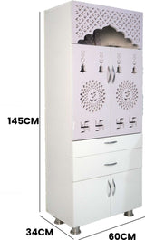Wooden Home Mandir with LED Light & Storage Drawers – White, Brown & Black Temple Unit (145x60x34 cm) Modern Pooja Cabinet