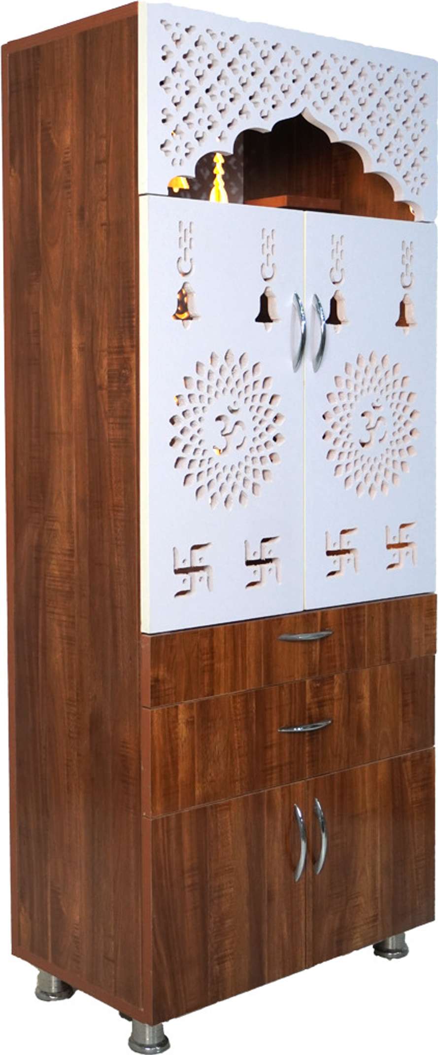 Wooden Home Mandir with LED Light & Storage Drawers – White, Brown & Black Temple Unit (145x60x34 cm) Modern Pooja Cabinet