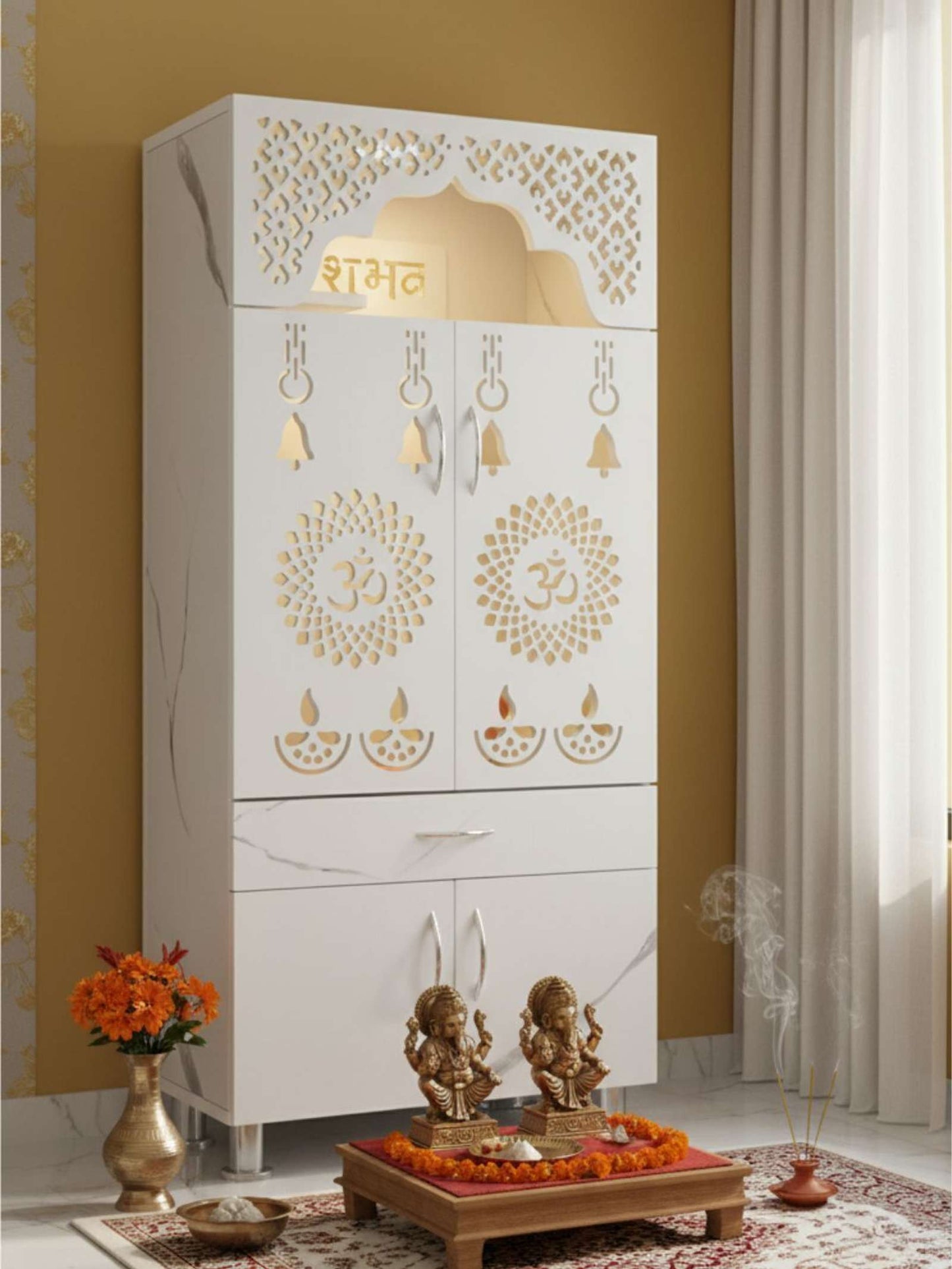 Designer Wooden Mandir with LED Light – White, Brown & Black Temple for Home with Storage Unit (130 cm Height)