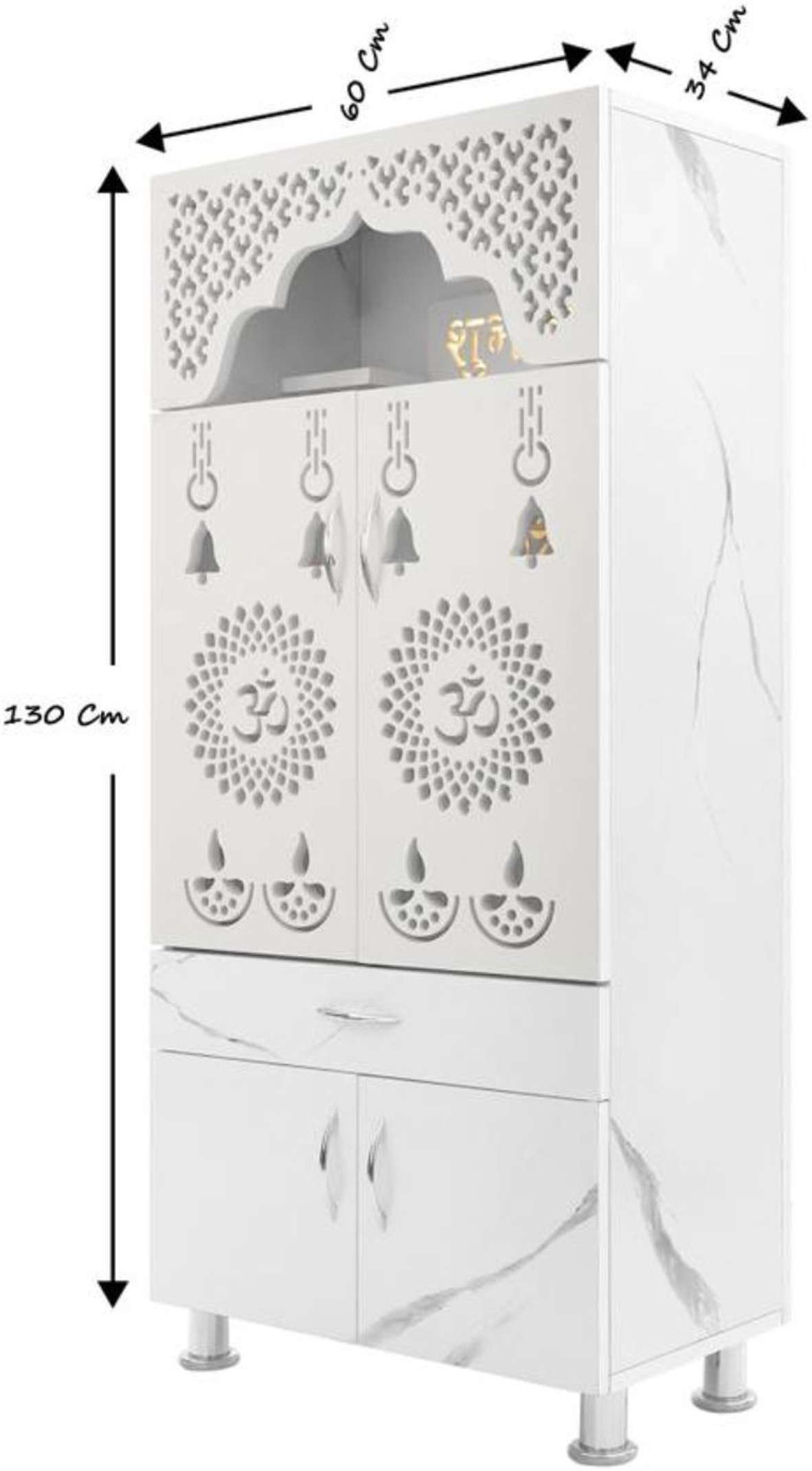 Designer Wooden Mandir with LED Light – White, Brown & Black Temple for Home with Storage Unit (130 cm Height)