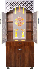 Wooden Home Mandir with LED Light & Storage Drawers – White, Brown & Black Temple Unit (145x60x34 cm) Modern Pooja Cabinet