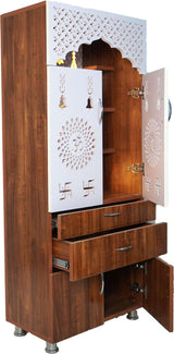 Wooden Home Mandir with LED Light & Storage Drawers – White, Brown & Black Temple Unit (145x60x34 cm) Modern Pooja Cabinet