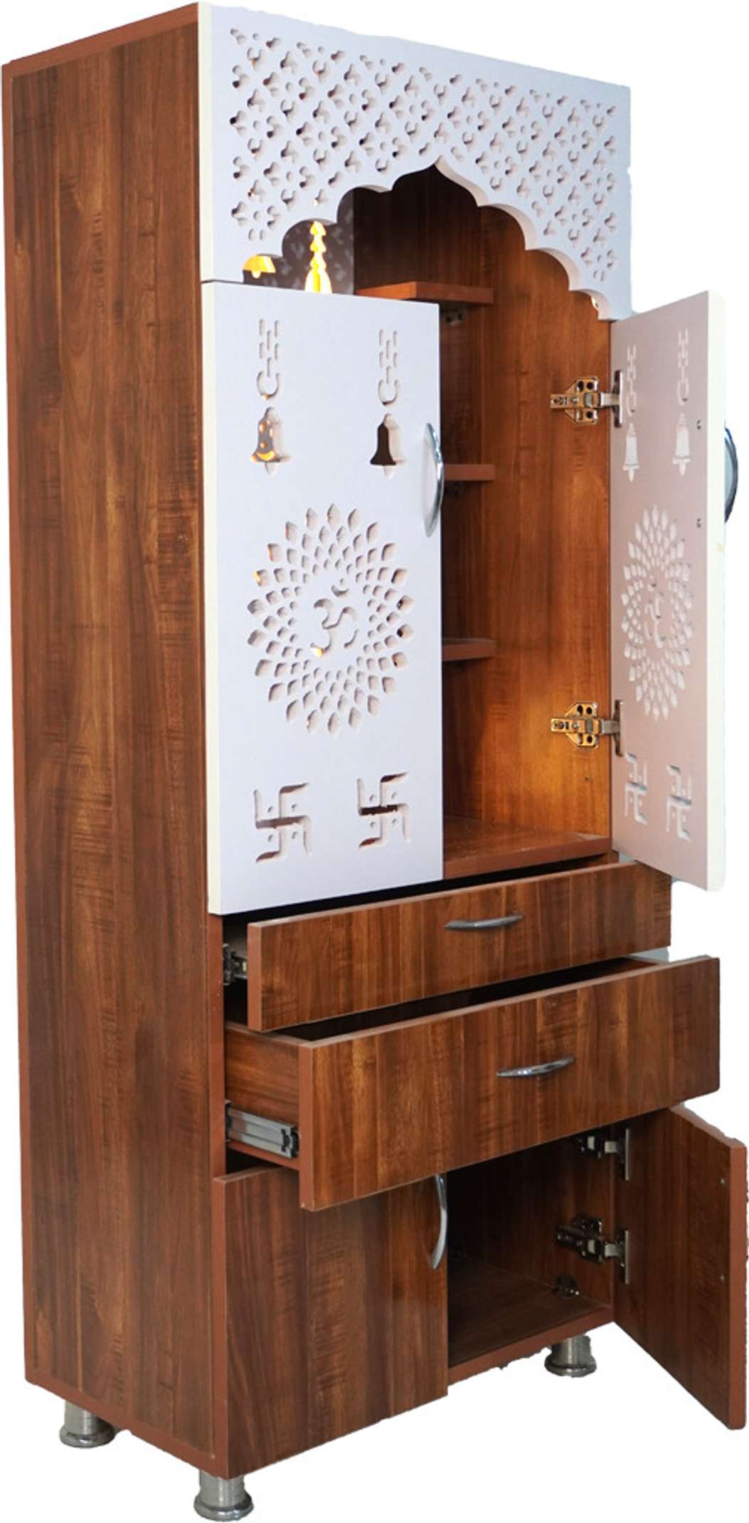 Wooden Home Mandir with LED Light & Storage Drawers – White, Brown & Black Temple Unit (145x60x34 cm) Modern Pooja Cabinet