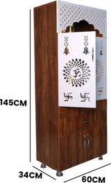 Wooden Home Mandir with LED Light & Storage Drawers – White, Brown & Black Temple Unit (145x60x34 cm) Modern Pooja Cabinet
