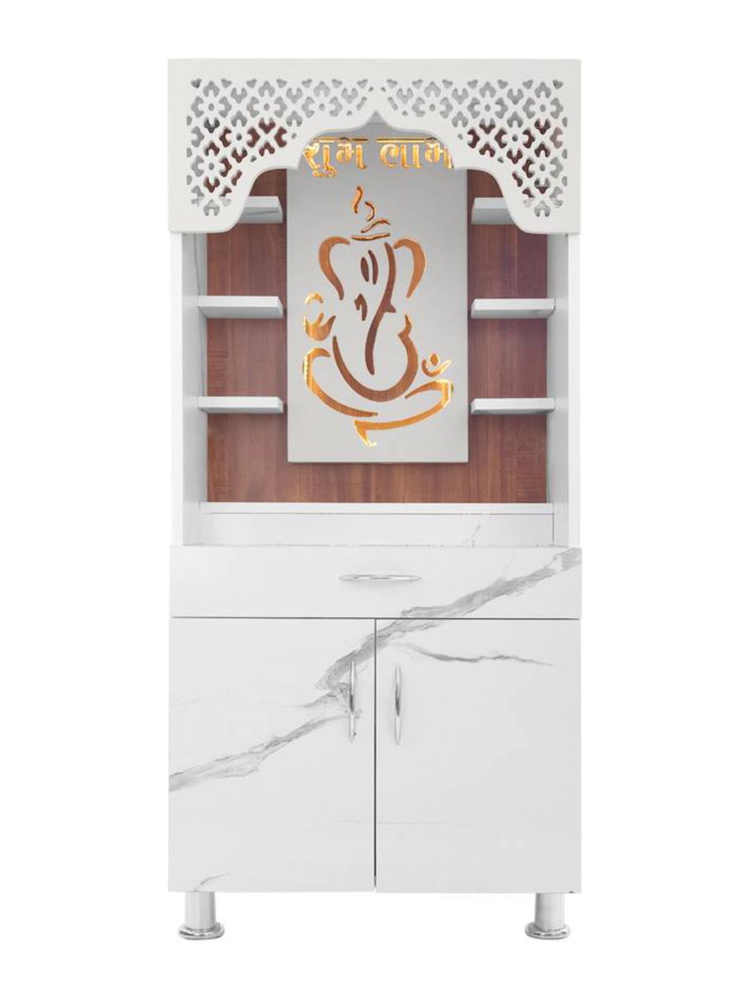 Modern White Marble-Finish Open Pooja Mandir With LED Ganesh
