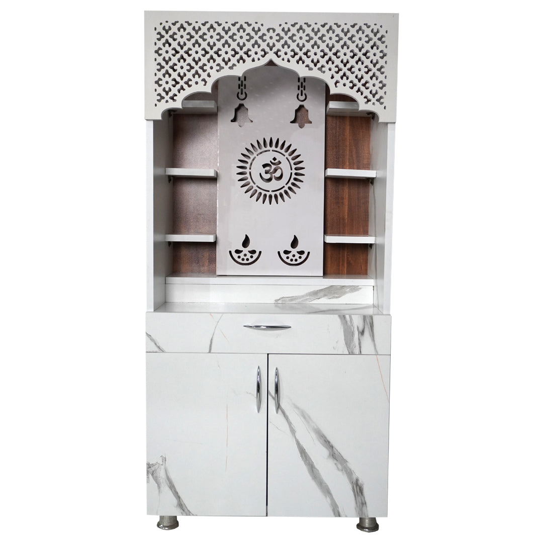 White Marble Finish Wooden Mandir with LED Om Sun Design – 130x60x34 cm | Modern Wooden Temple for Home with Storage
