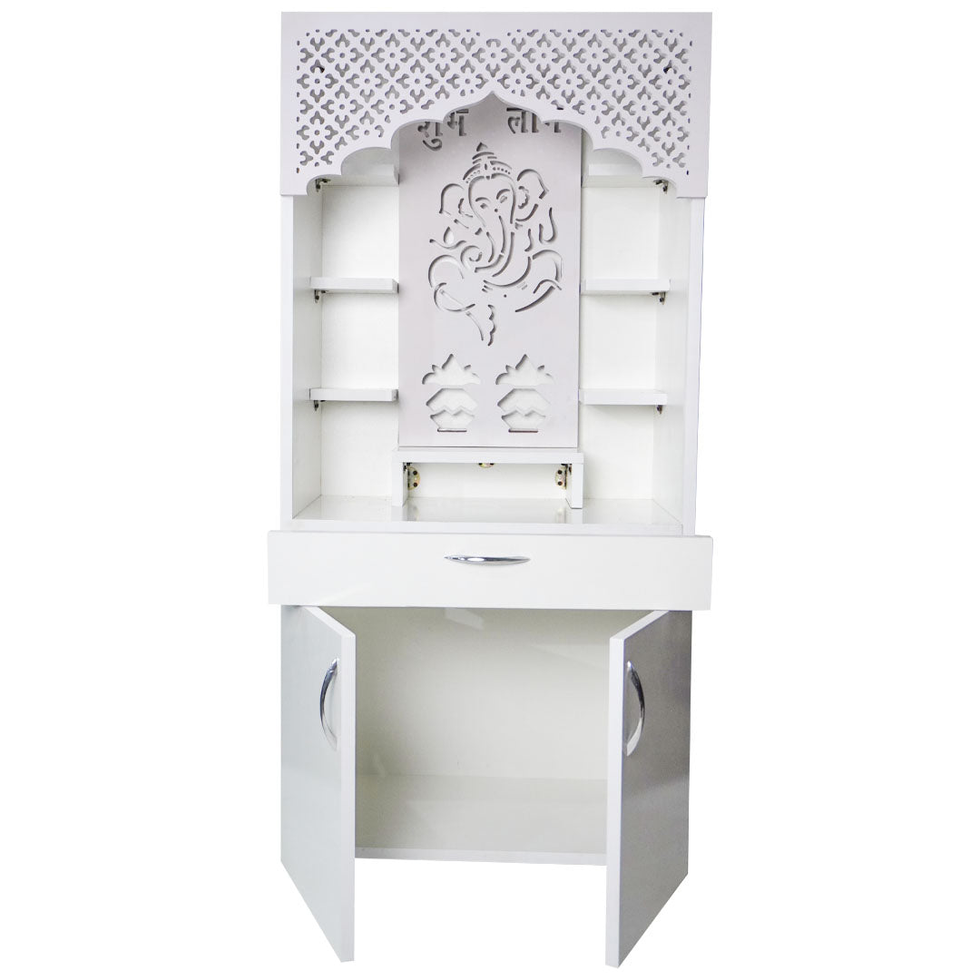 White Wooden Temple for Home with LED Ganesha Design | Modern Pooja Mandir with Storage | 130x60x34 cm | The Mandir Company