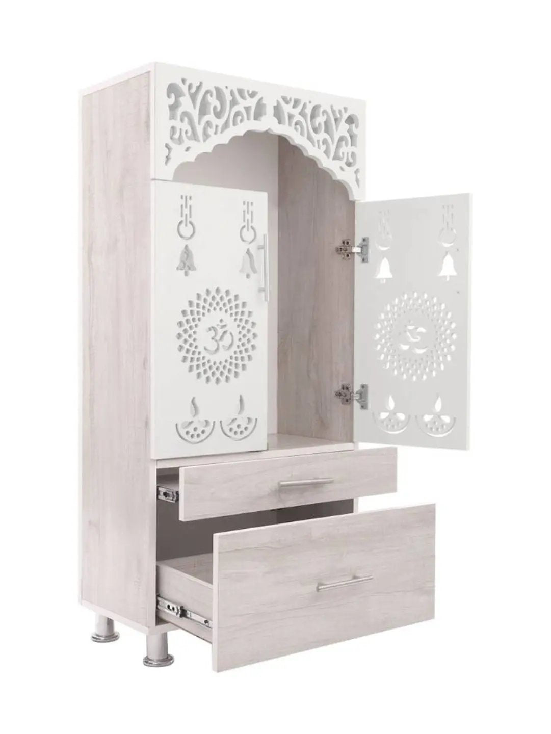 White Wooden Mandir with Dual Drawers & Decorative Jaali Design