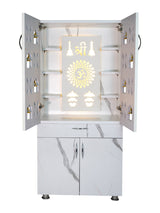 Luxury Wooden Mandir for Home with LED Shree Om Panel & Designer Bell Doors | Modern White Pooja Cabinet with Storage