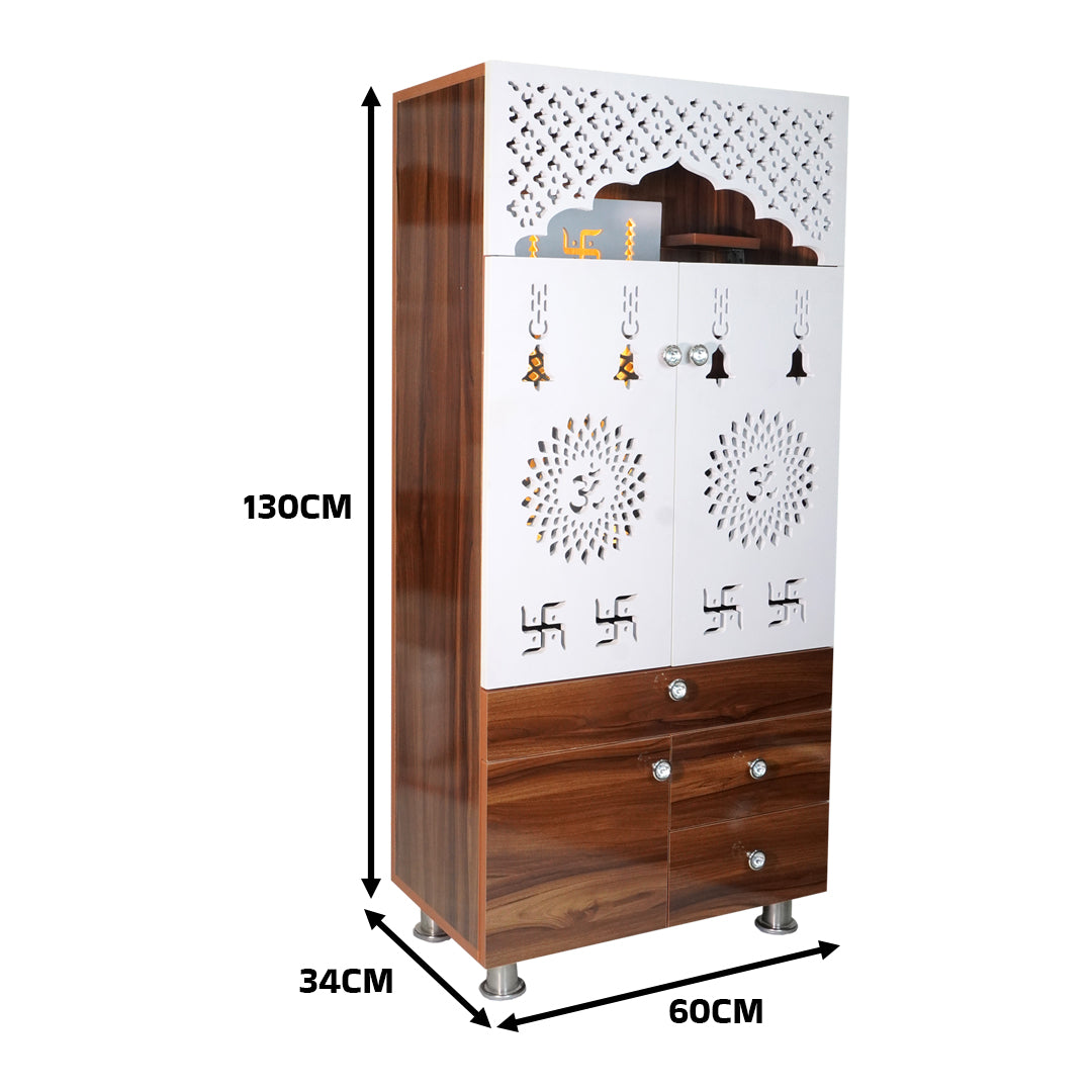 Wooden Pooja Mandir for Home with LED Light & Storage | Modern Temple Cabinet with Drawer & Shelves
