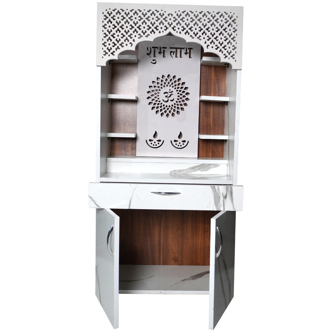 White Marble Finish Mandir with LED Light & Shubh Labh Design – 130x60x34 cm | Modern Wooden Temple for Home with Storage