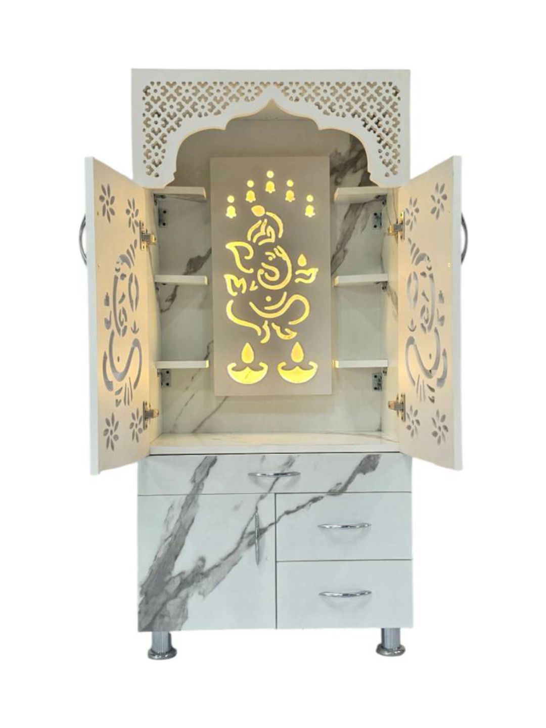 Marble-Finish Wooden Pooja Mandir with LED Light