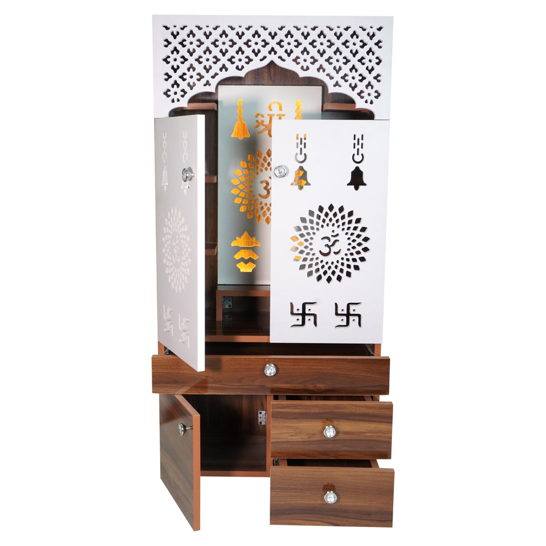 Modern Wooden Mandir with LED Panel & Storage Drawers | Brown & Black Pooja Cabinet (130x60x34 cm)