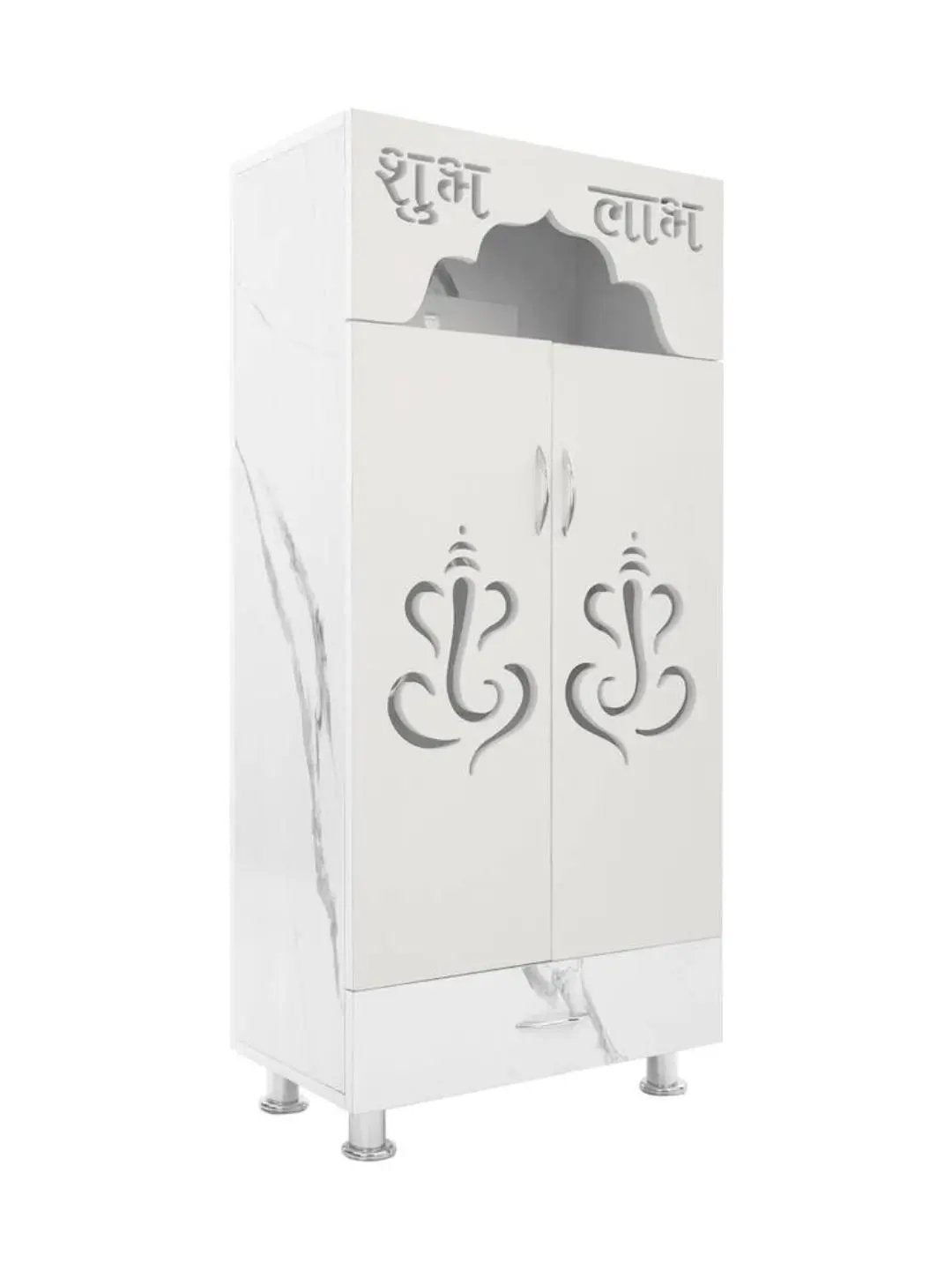 Marble Finish Wooden Mandir with Shubh Labh Carving & LED Light (60×34×130 CM) The Mandir Company