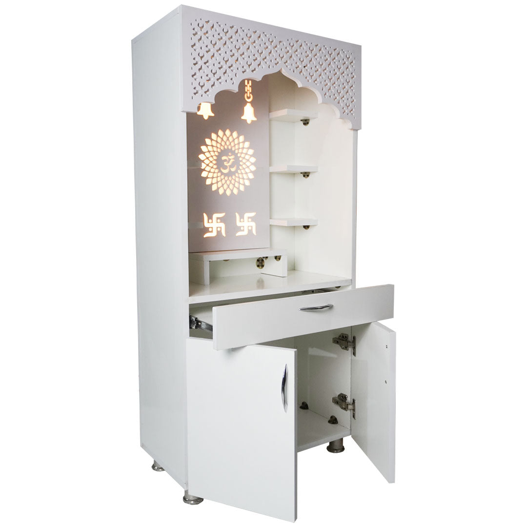 Modern White Wooden Mandir with LED Light – 130x60x34 cm | Home Temple with Storage Drawer & Shelves