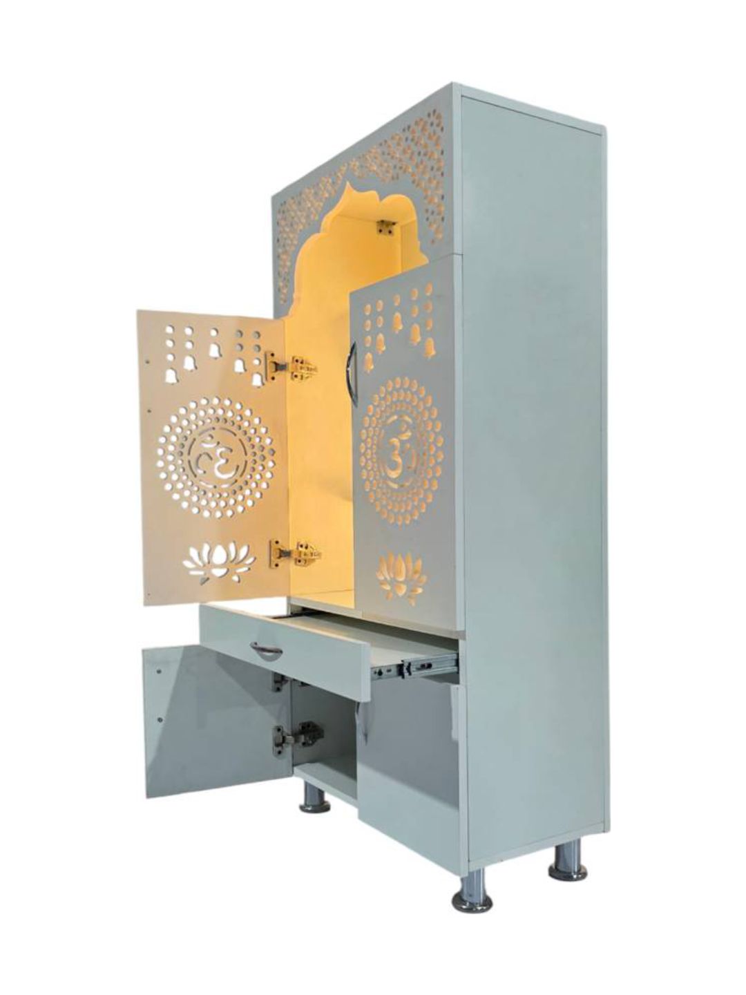 Designer Wooden Pooja Mandir with LED Backlight & “Om” Engraving