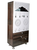 Modern Wooden Mandir with LED Panel & Storage Drawers | Brown & Black Pooja Cabinet (130x60x34 cm)