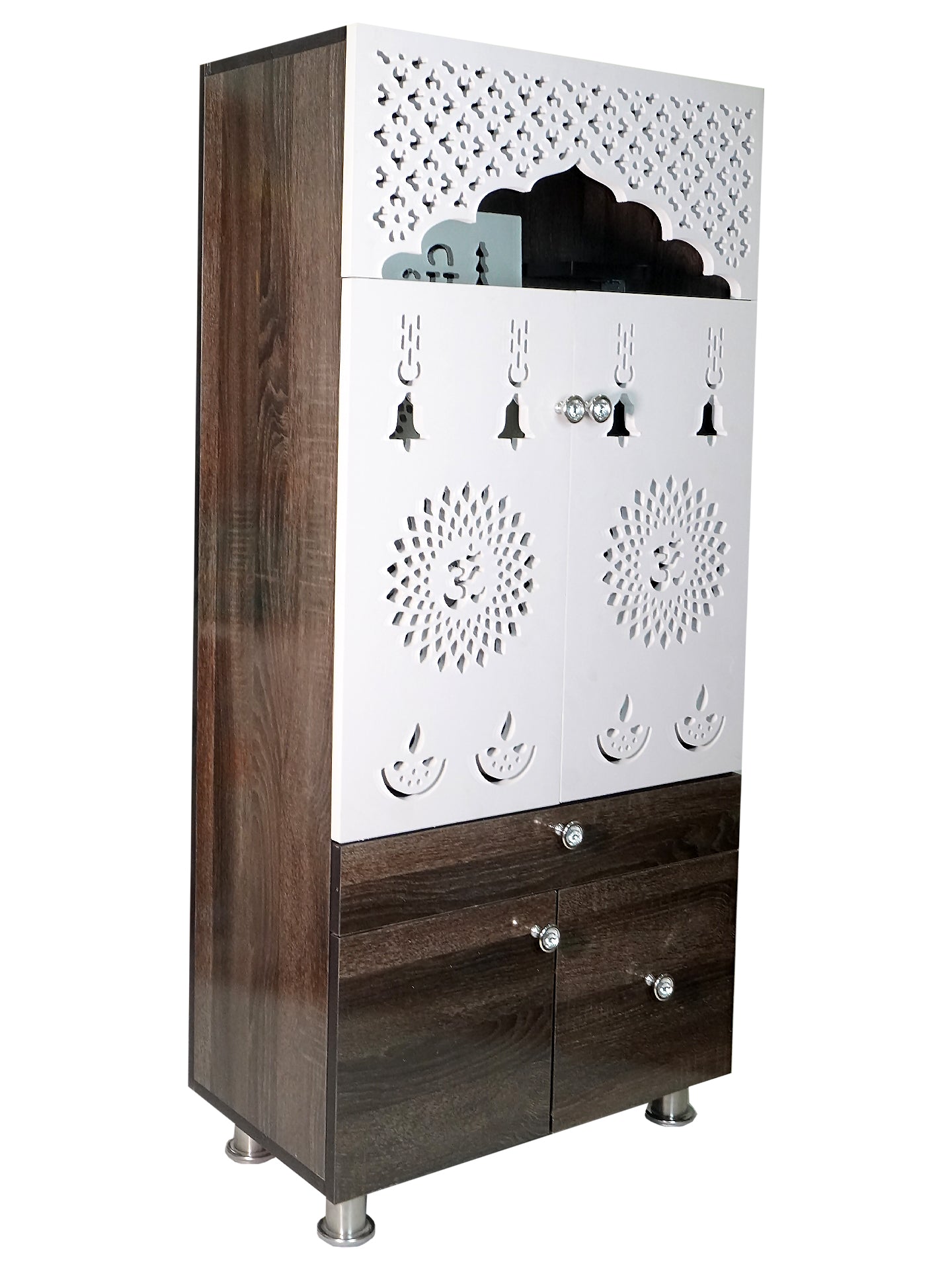 Modern Wooden Mandir with LED Panel & Storage Drawers | Brown & Black Pooja Cabinet (130x60x34 cm)