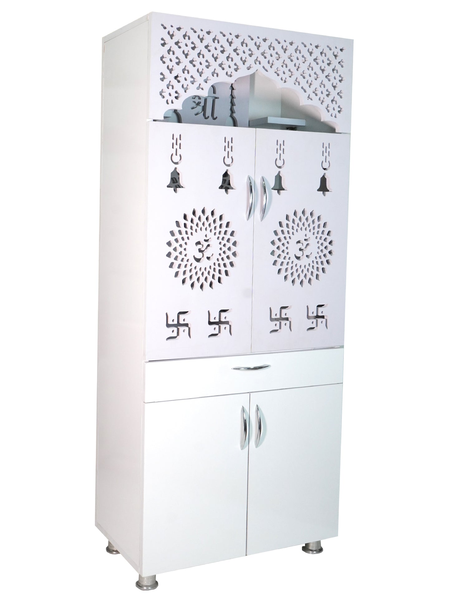 Luxury Wooden Mandir for Home with LED Shree Om Panel & Jaali Design | Modern White Pooja Cabinet with Storage Drawer