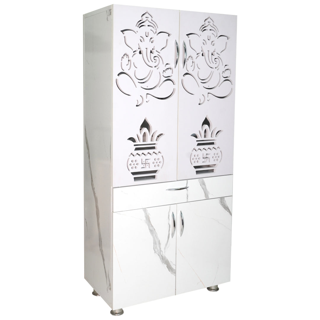 Wooden Mandir for Home with LED Light & Storage | Modern Pooja Cabinet with Ganesh Design & Marble Finish