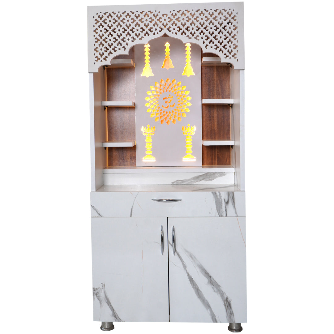 Designer LED Mandir for Home – White Marble Finish Temple with Om & Diya Pillar Design (130x60x34 cm)