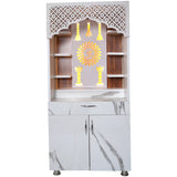 Designer LED Mandir for Home – White Marble Finish Temple with Om & Diya Pillar Design (130x60x34 cm)