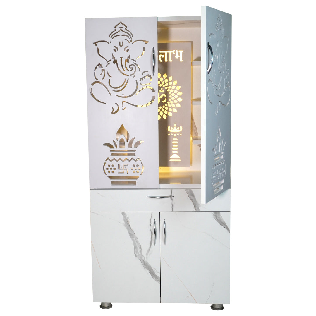 Wooden Mandir for Home with LED Shubh Labh Om Design & Storage | Modern White Pooja Cabinet with Ganesh Door