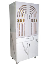 Modern Wooden Mandir for Home with LED Om Panel & Hanging Bells | Designer White Pooja Cabinet with Storage Drawer