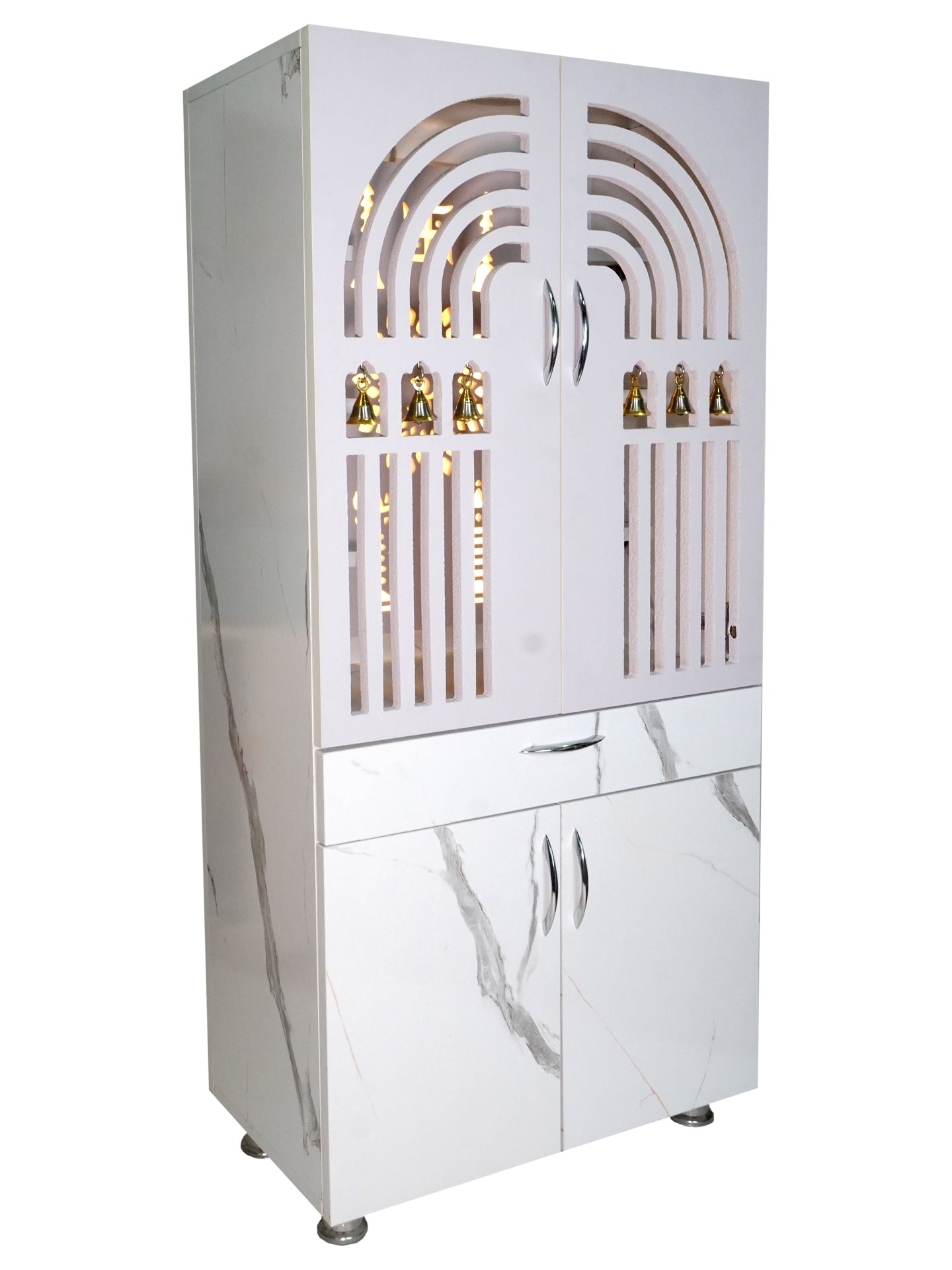 Modern Wooden Mandir for Home with LED Om Panel & Hanging Bells | Designer White Pooja Cabinet with Storage Drawer