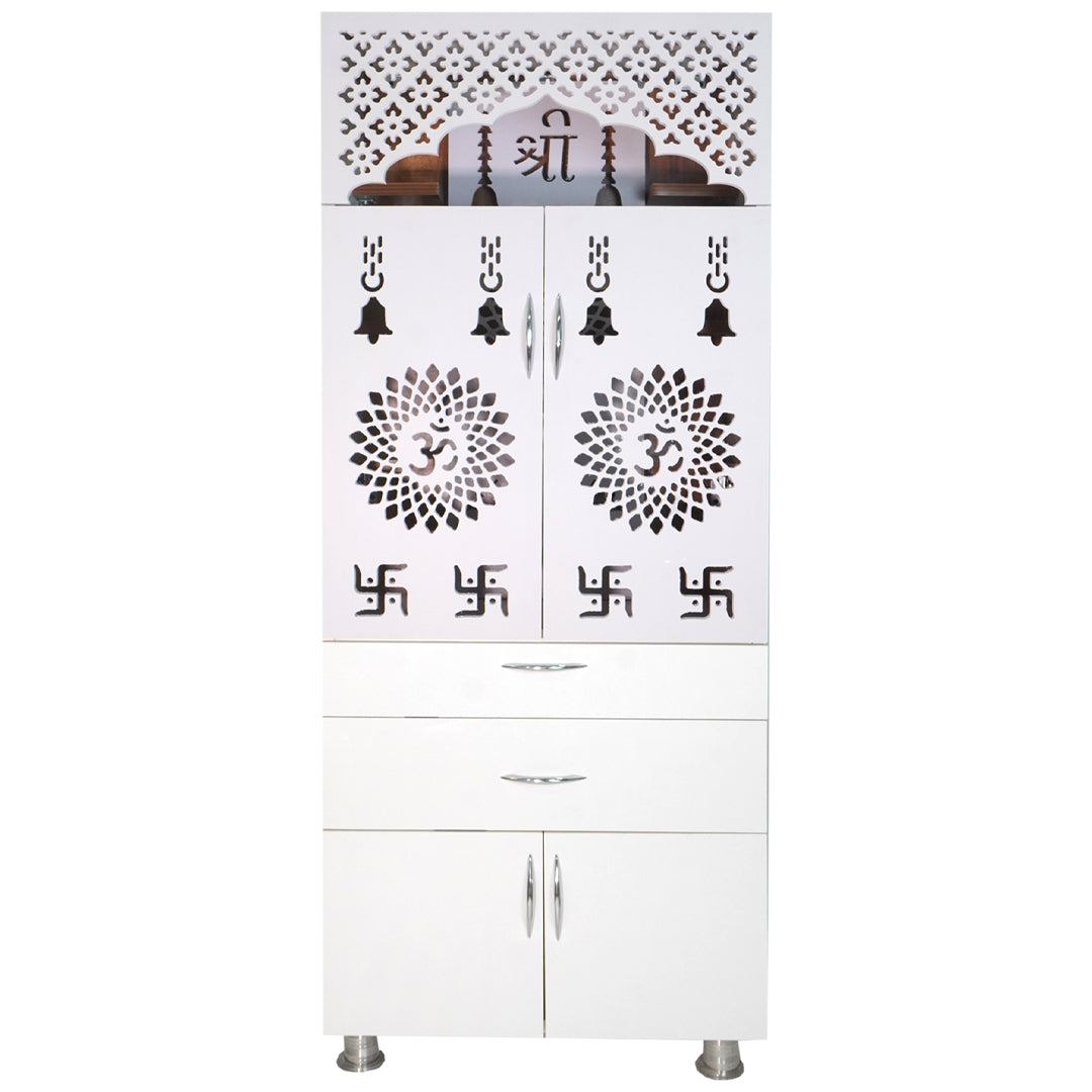 Premium Wooden Mandir for Home with LED Om Panel, Double Drawer & Storage Cabinet | Modern White Pooja Temple Unit