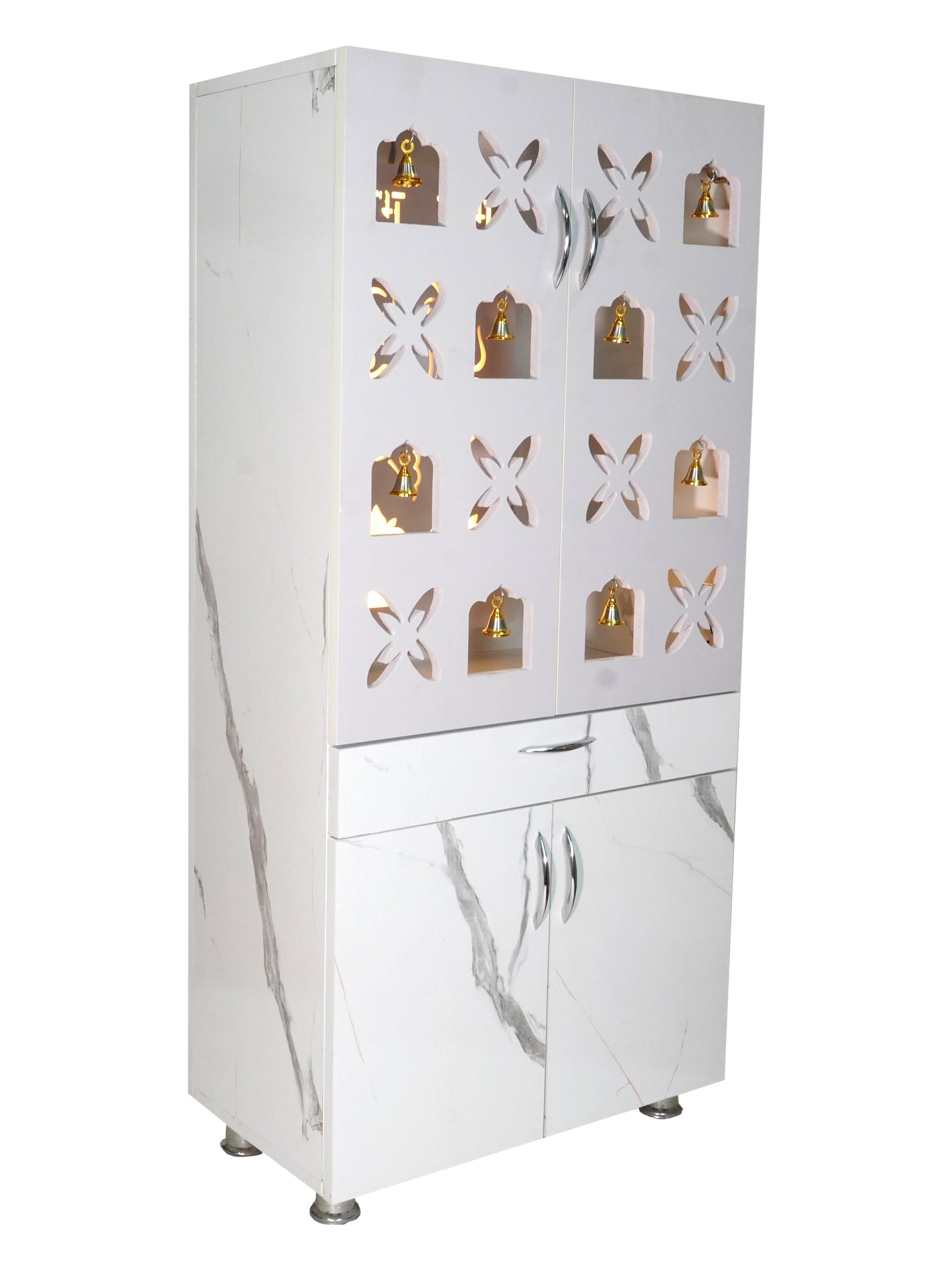 Designer Wooden Mandir for Home with LED Ganesh & Shubh Labh Panel | Premium White Pooja Cabinet with Multi Bells & Storage