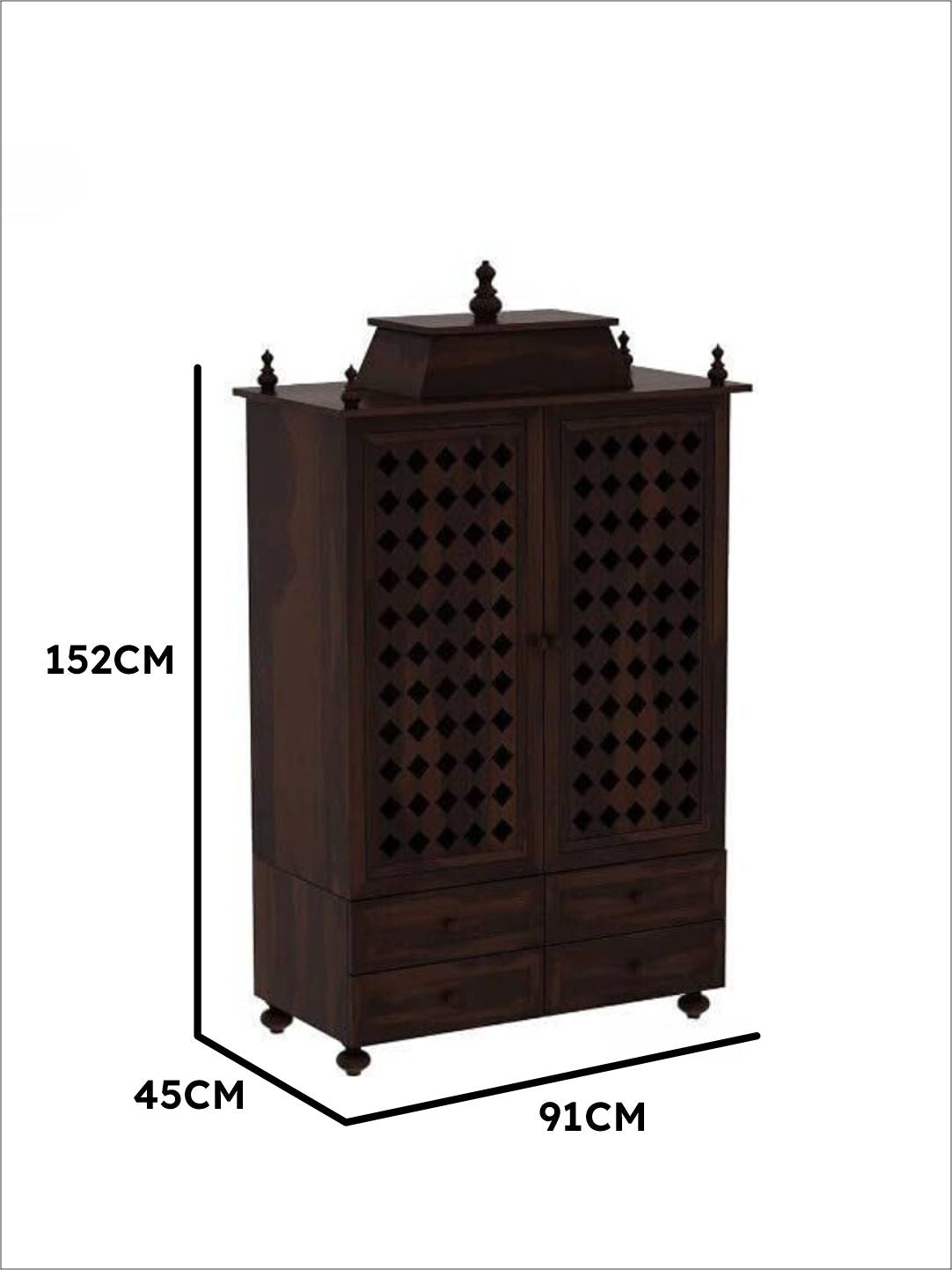 Wooden Pooja Mandir with Carved Doors and Storage