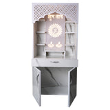 Premium Shubh Labh Wooden Mandir with LED Light – White & Brown Home Temple with Storage (130x60x34 cm)