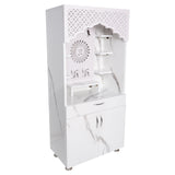 Modern Wooden Mandir with LED Light – White & Brown Finish Temple for Home (130x60x34 cm) | Pooja Mandir with Storage Cabinet