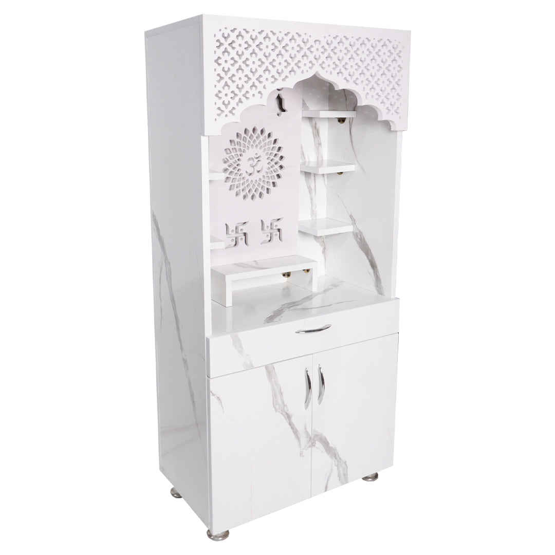 Modern Wooden Mandir with LED Light – White & Brown Finish Temple for Home (130x60x34 cm) | Pooja Mandir with Storage Cabinet