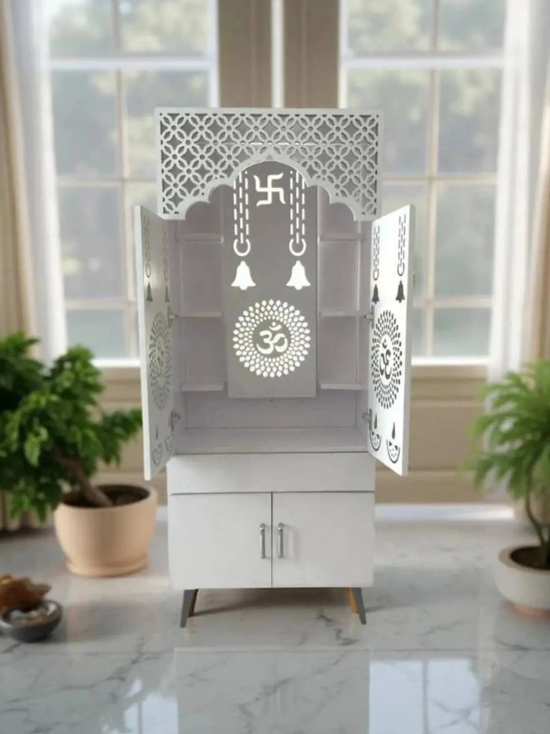 White Wooden Mandir with LED Backlight & Storage