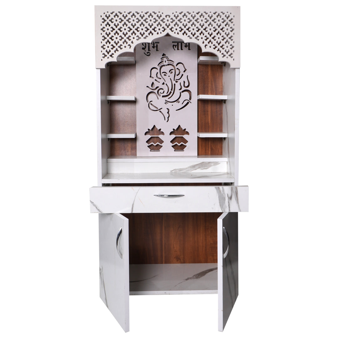 Modern Wooden Mandir with LED Back Panel – Ganesh & Shubh Labh Design Home Temple (130 cm Height)