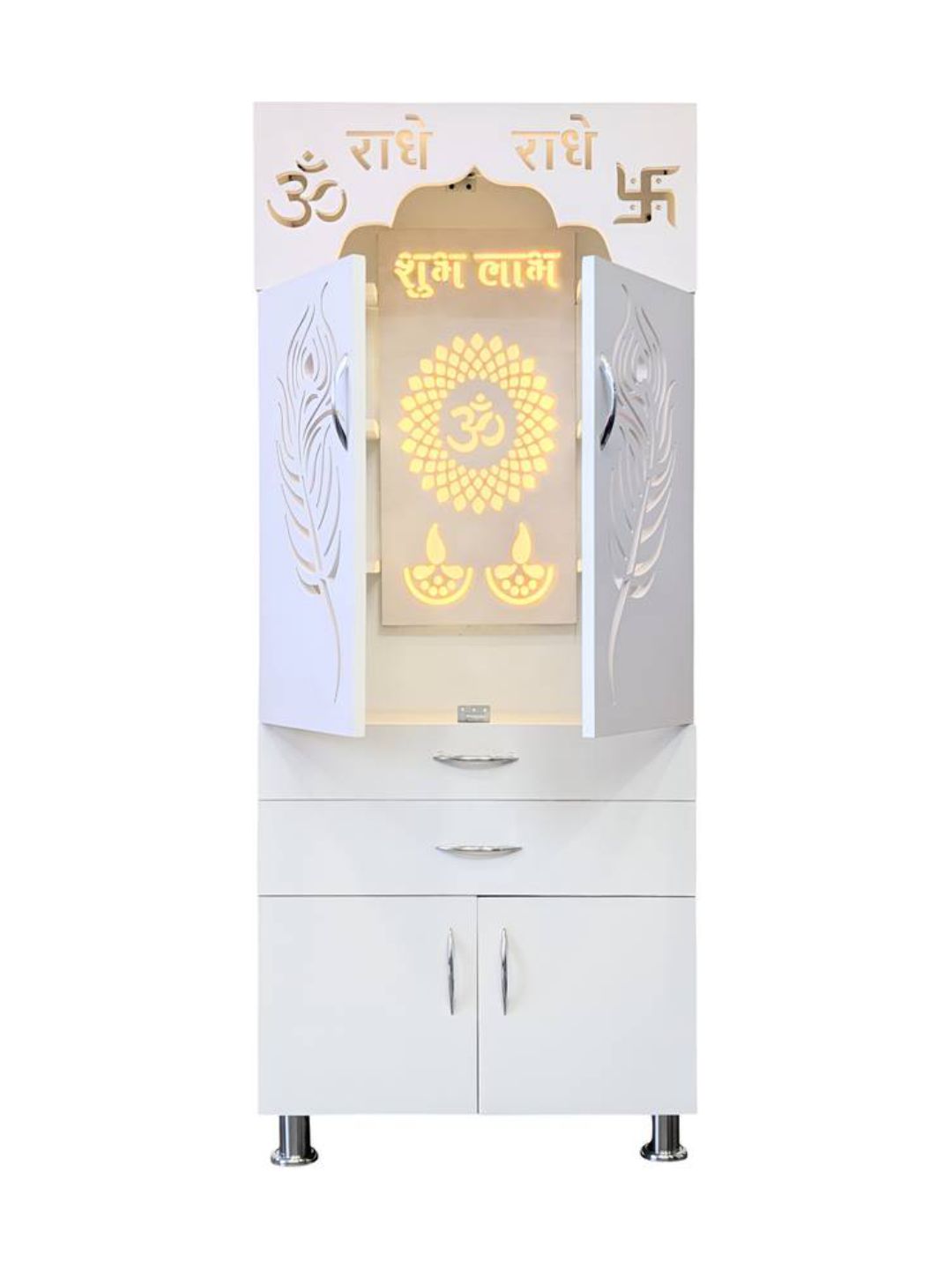 Modern White Standing Pooja Mandir With LED Backlit Jaali Doors