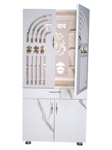 Luxury Wooden Mandir for Home with LED Ganesh & Shubh Labh Panel | Modern White Pooja Cabinet with Bells & Storage