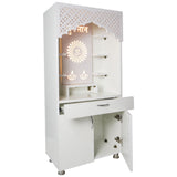 White Wooden Mandir with LED Light & Shubh Labh Design – 130x60x34 cm | Modern Pooja Temple with Storage