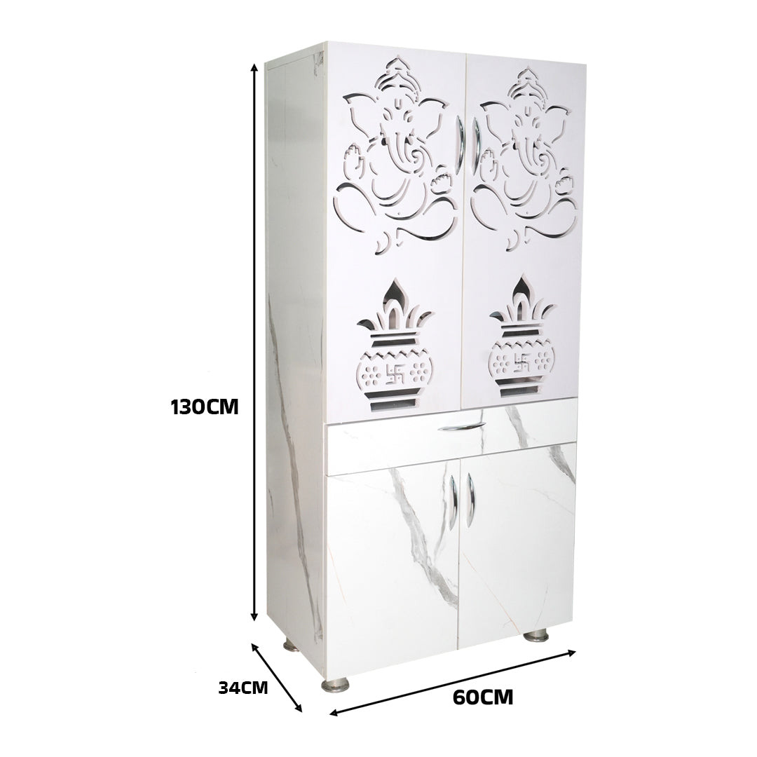 Wooden Mandir for Home with LED Shubh Labh Om Design & Storage | Modern White Pooja Cabinet with Ganesh Door