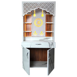 White Marble Finish Wooden Mandir with LED Om Sun Design – 130x60x34 cm | Modern Wooden Temple for Home with Storage