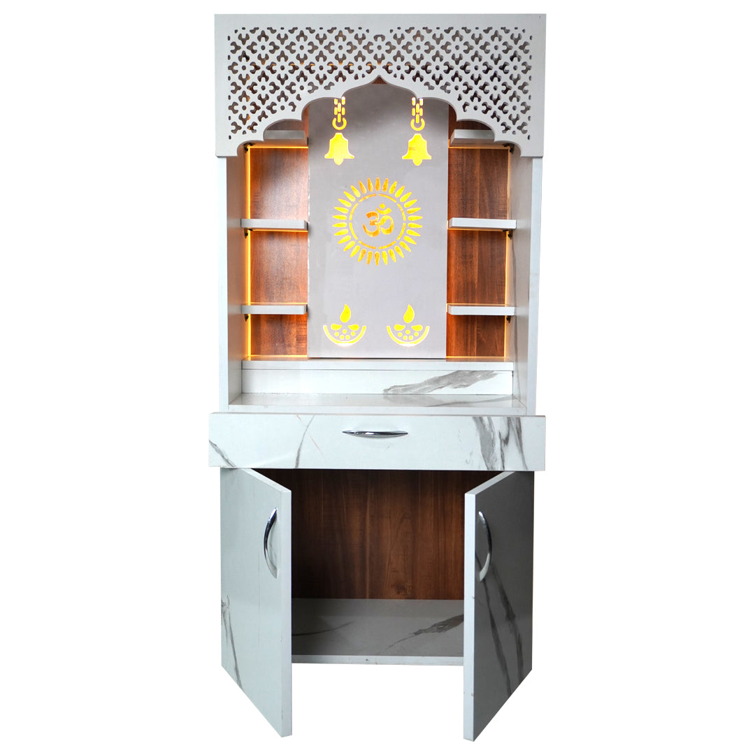 White Marble Finish Wooden Mandir with LED Om Sun Design – 130x60x34 cm | Modern Wooden Temple for Home with Storage