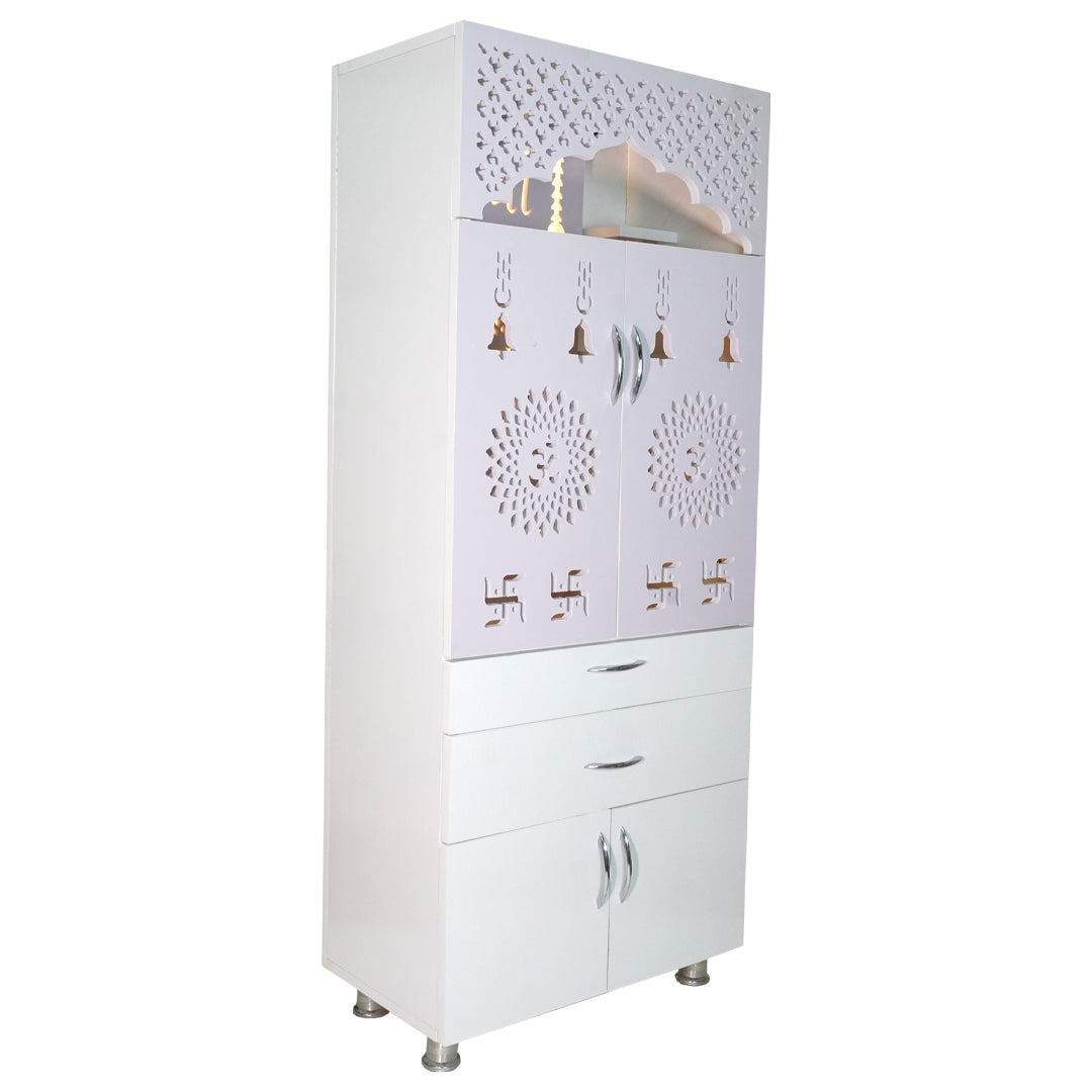 Luxury Wooden Mandir for Home with LED Om Panel & Double Drawer Storage | Modern White Pooja Temple Cabinet