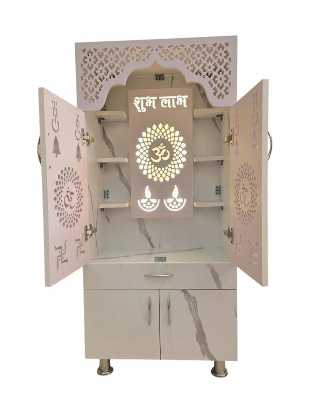 Marble Finish Wooden Mandir with LED Light & Storage – Modern Pooja Mandir for Home (60x35x130 CM) The Mandir Company