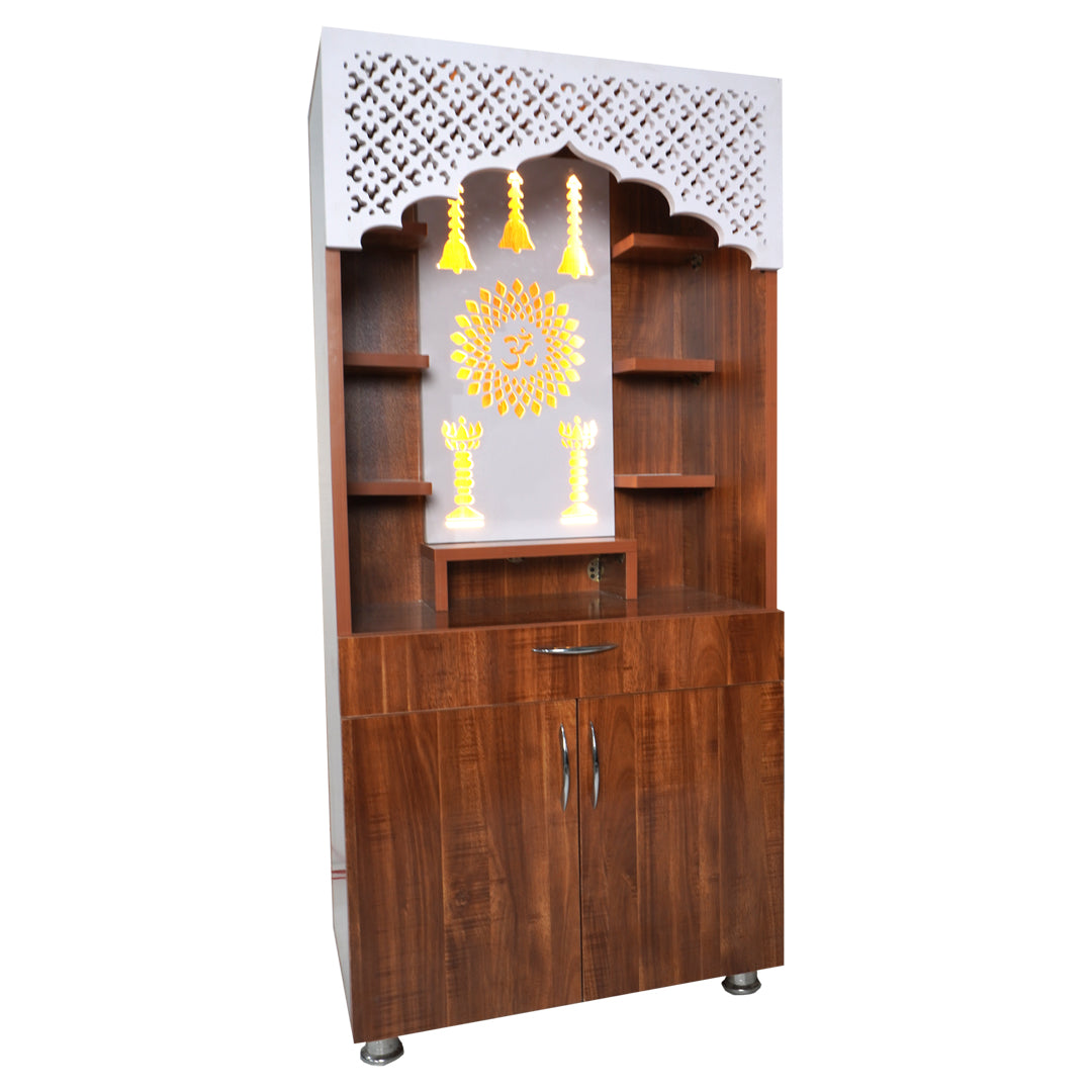 Wooden Mandir with LED Back Panel – White & Brown Finish Pooja Temple for Home (130x60x34 cm) | Designer Mandir with Storage