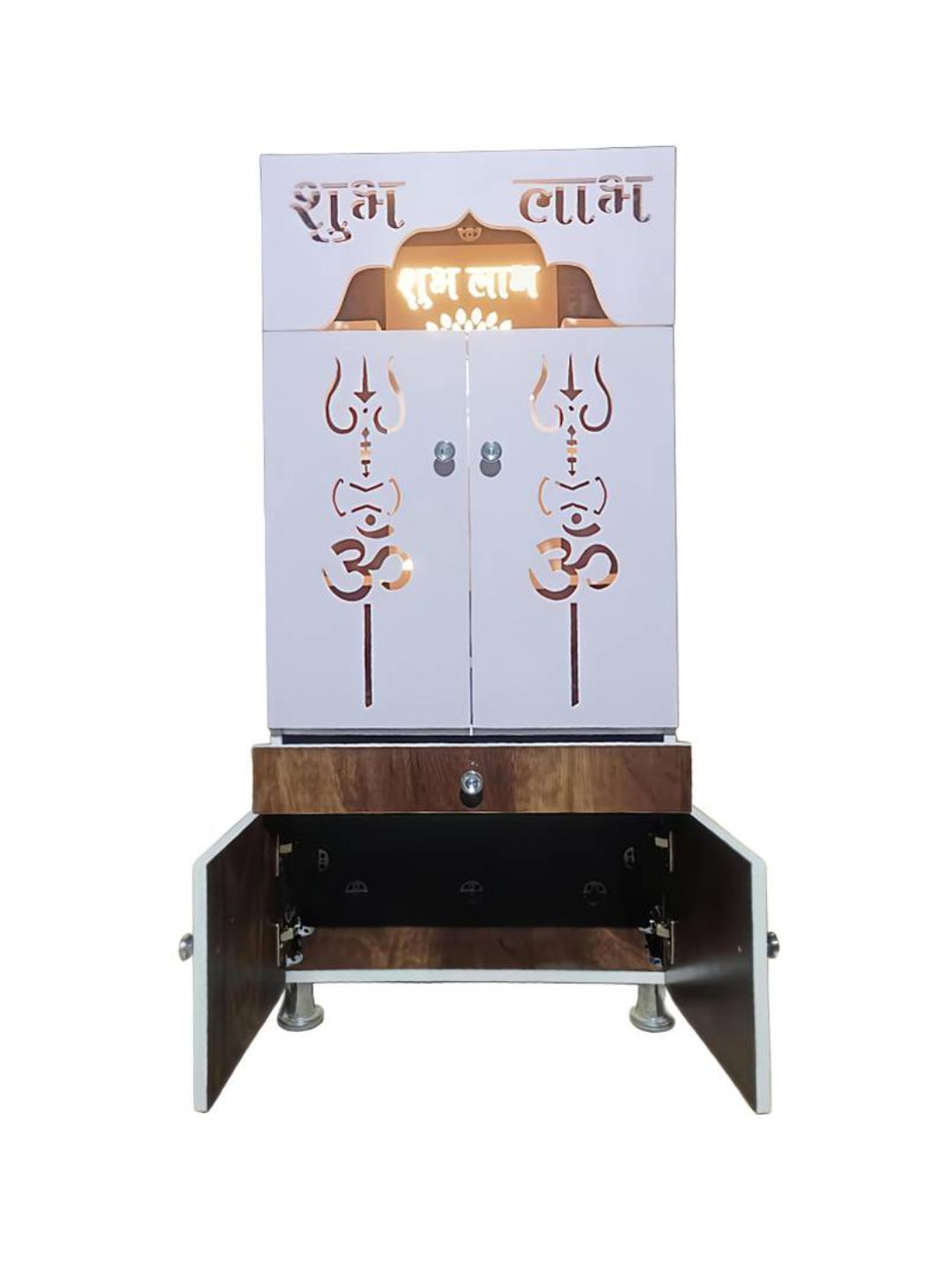 Wooden Pooja Mandir with “Shubh Labh” Design & Storage Cabinet (Dual Tone Finish)