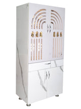 Luxury Wooden Mandir for Home with LED Ganesh & Shubh Labh Panel | Modern White Pooja Cabinet with Bells & Storage