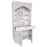 Modern Wooden Mandir with LED Light – White & Brown Finish Temple for Home (130x60x34 cm) | Pooja Mandir with Storage Cabinet